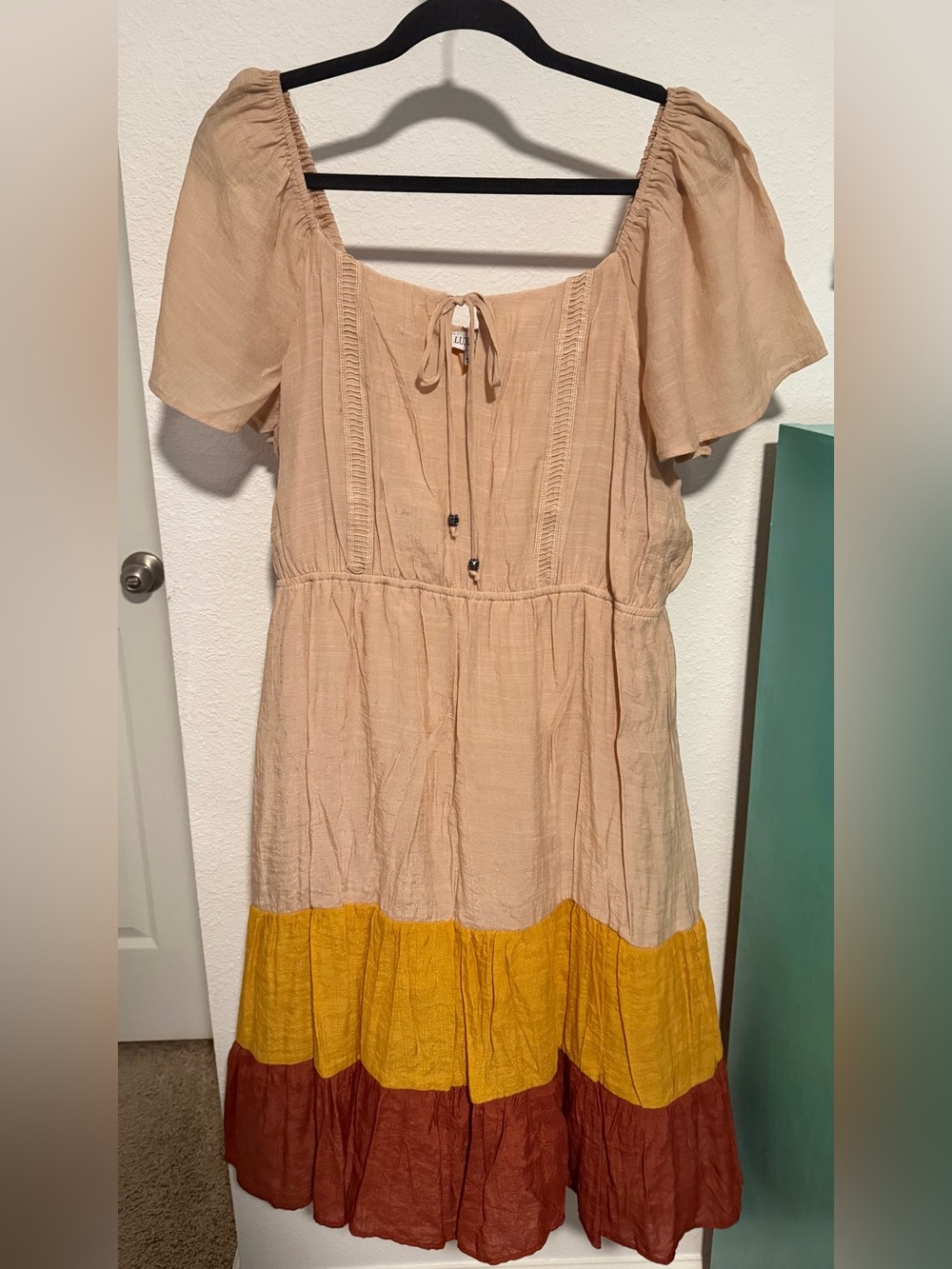 Luxology Beige Tiered Dress with Mustard and Rust Bands-XL